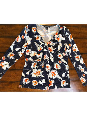 ST JOHN Floral Print V Neck Long Sleeve Top - Black/White/Orange  Size S